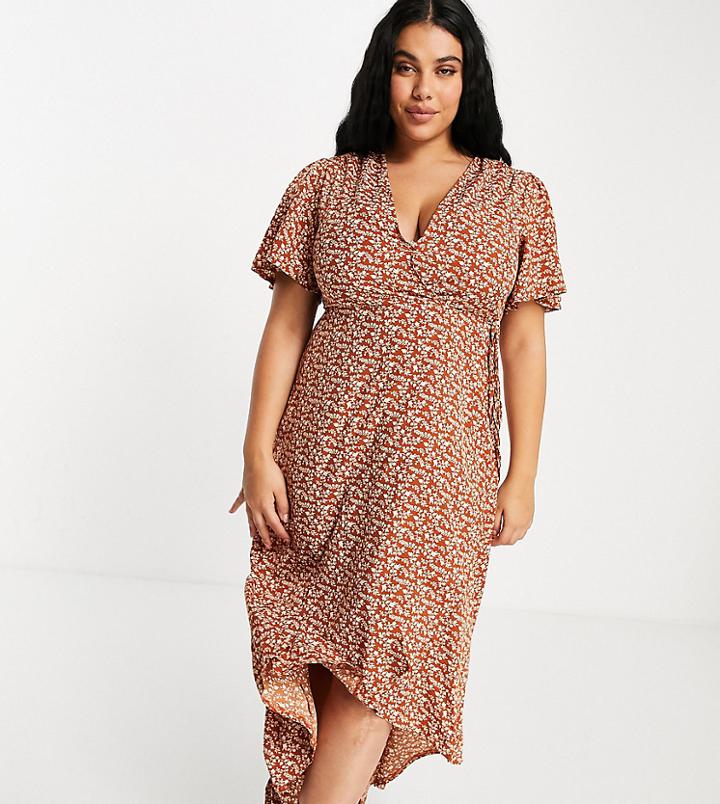 Missguided Plus Midi Wrap Dress With High-low Hem In Rust-orange