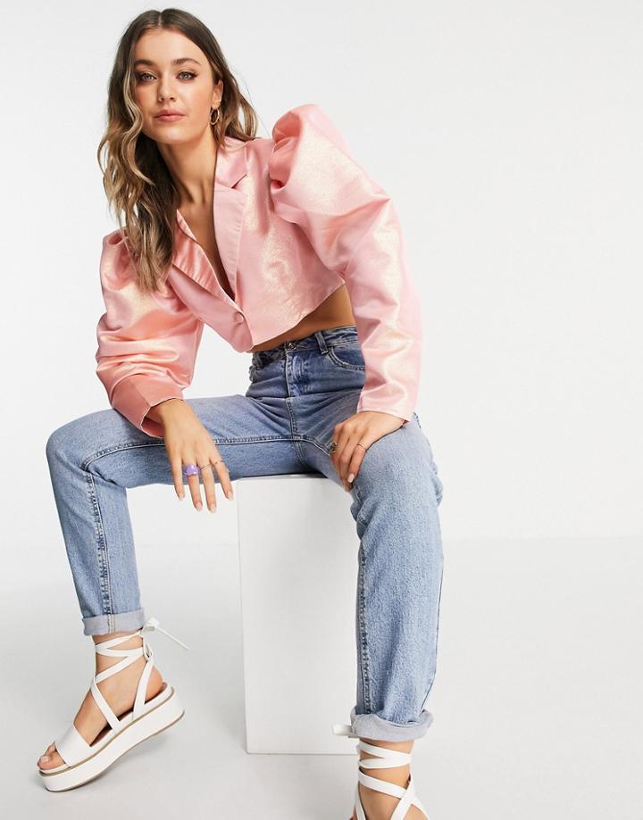 Lola May Puff Sleeve Cropped Blazer In Peach Shimmer - Part Of A Set-pink