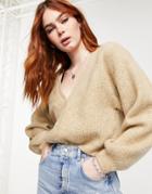 Asos Design V Neck Rib Cardigan With Wide Sleeve In Oatmeal - Part Of A Set-neutral