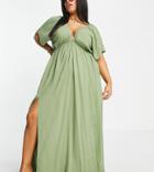 Asos Design Curve Recycled Flutter Sleeve Maxi Beach Dress In Khaki-green