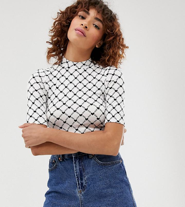 Monki Heart Chain Print Ribbed Short Sleeve Crew Neck T-shirt In White