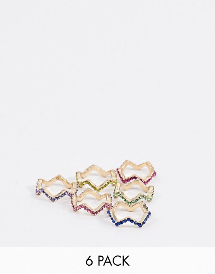 Asos Design Pack Of 6 Rings In Zig Zag Crystal Design In Gold - Gold