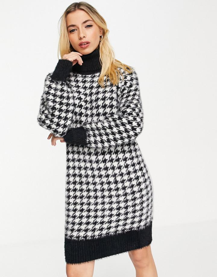 Violet Romance Fluffy Knit High Neck Sweater Dress In Houndstooth-black
