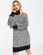 Violet Romance Fluffy Knit High Neck Sweater Dress In Houndstooth-black