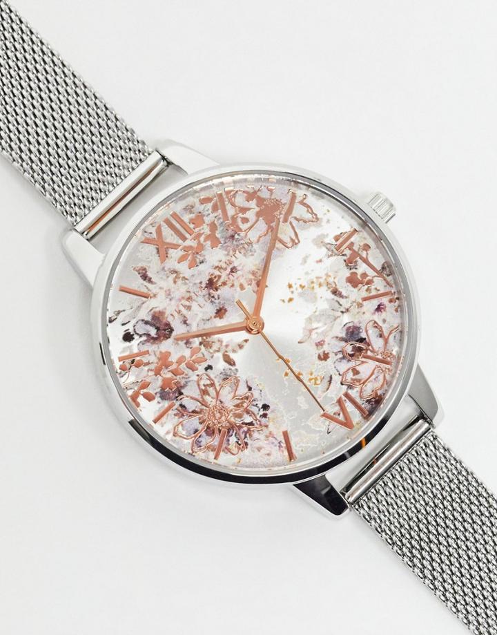 Olivia Burton Ob16vm46 Abstract Floral Mesh Watch In Silver