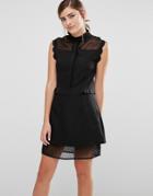 Fashion Union Sleeveless Shirt Dress With Sheer Spot Panels And Scallop Trim - Black