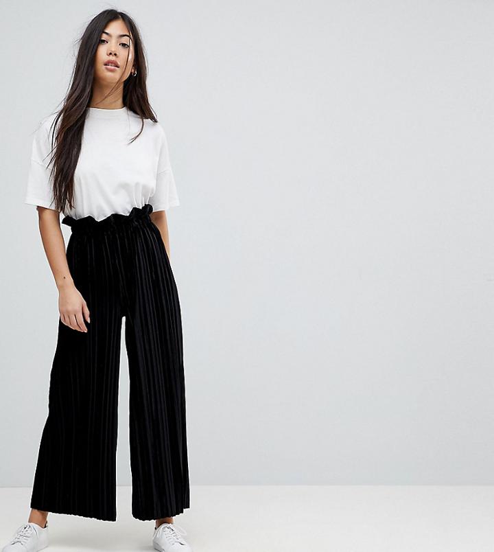 Asos Petite Velvet Pleat Pants With Paperbag Waist - Black