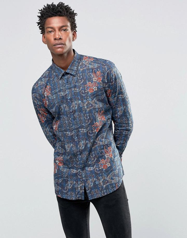 Devils Advocate Printed Slim Fit Shirt - Navy