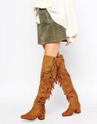 Truffle Collection Luan Fringe Block Heeled Over The Knee Boots - Tan Micro