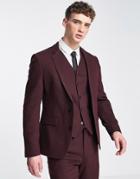 Asos Design Wedding Skinny Wool Mix Suit Jacket In Burgundy Herringbone-red