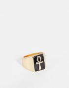 Asos Design Oversized Signet Ring With Ankh And Black Enamel In Gold Tone