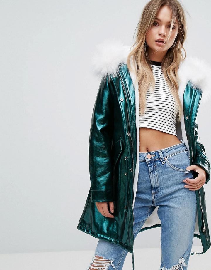 Prettylittlething Metallic Faux Fur Trim Hooded Coat - Green