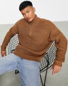 Asos Design Oversized Waffle Knit Half Zip Sweater In Tan-brown