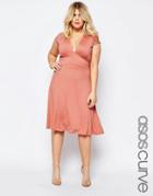Asos Curve Belted Midi Dress With Plunge Neck - Pink
