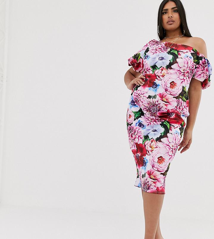 Asos Design Curve Bubble Sleeve Floral Bodycon Midi Dress - Black