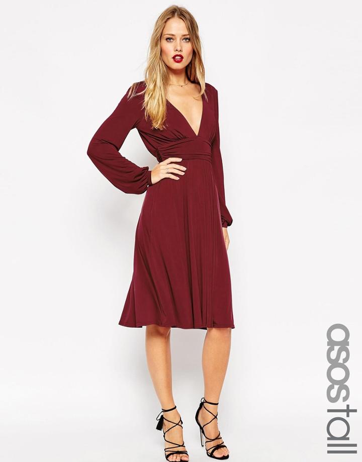Asos Tall Slinky Blouson Sleeve Wrap Midi Dress - Burgundy