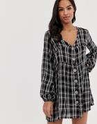 Boohoo Button Through Long Sleeve Smock Dress In Black Check - Multi