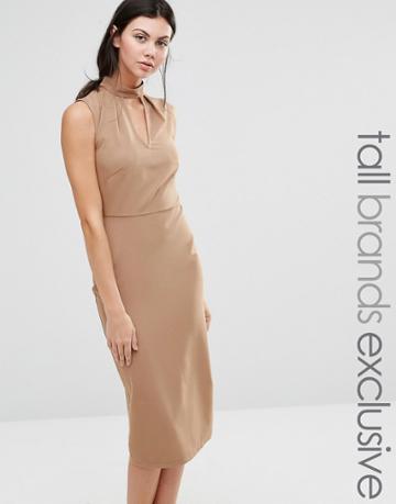 Alter Tall Sleeveless Pencil Dress With Keyhole And High Neck Detail - Tan