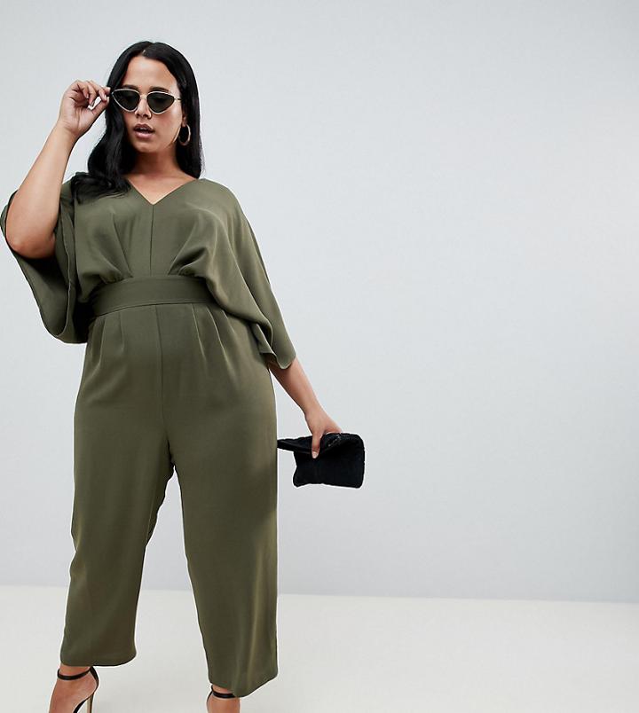 Asos Design Curve Jumpsuit With Kimono Sleeve And Peg Leg-green