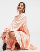 Asos Design Satin Tiered Midi Smock Dress With Tie Sleeves In Coral-orange