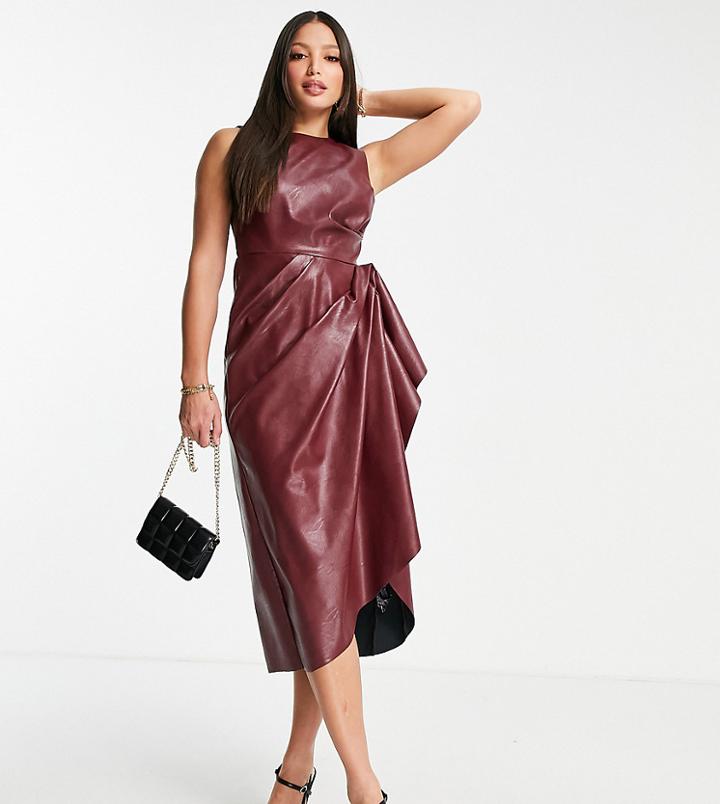 Asos Design Tall High Neck Pu Midi Dress With Tuck Detail Skirt-red