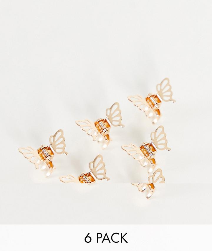 Asos Design Pack Of 6 Hair Mini Butterfly Hair Claws-gold