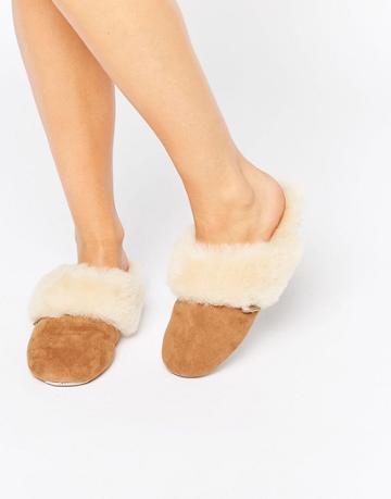 Just Sheepskin Heeled Mule Slippers - Brown