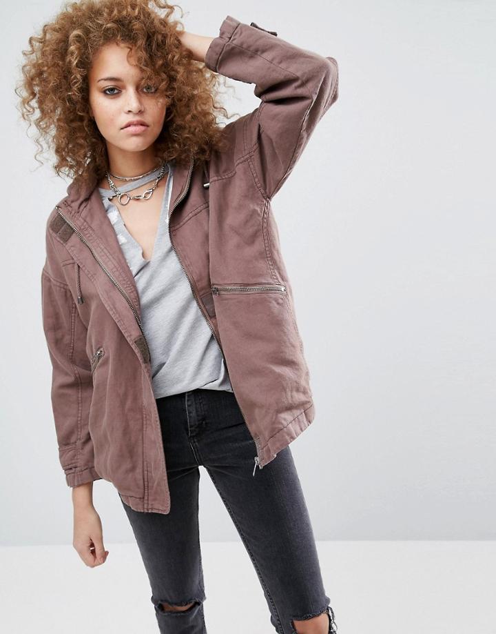 Asos Washed Cotton Jacket With Fleece Hood - Brown