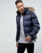 Schott Puffer Jacket Detachable Hood Faux Fur Trim Slim Fit In Navy - Navy