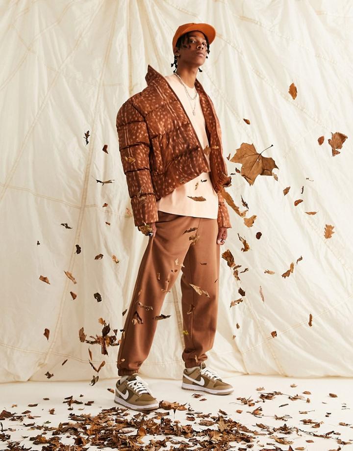 Asos Design Puffer Jacket In Animal Print In Stone-neutral