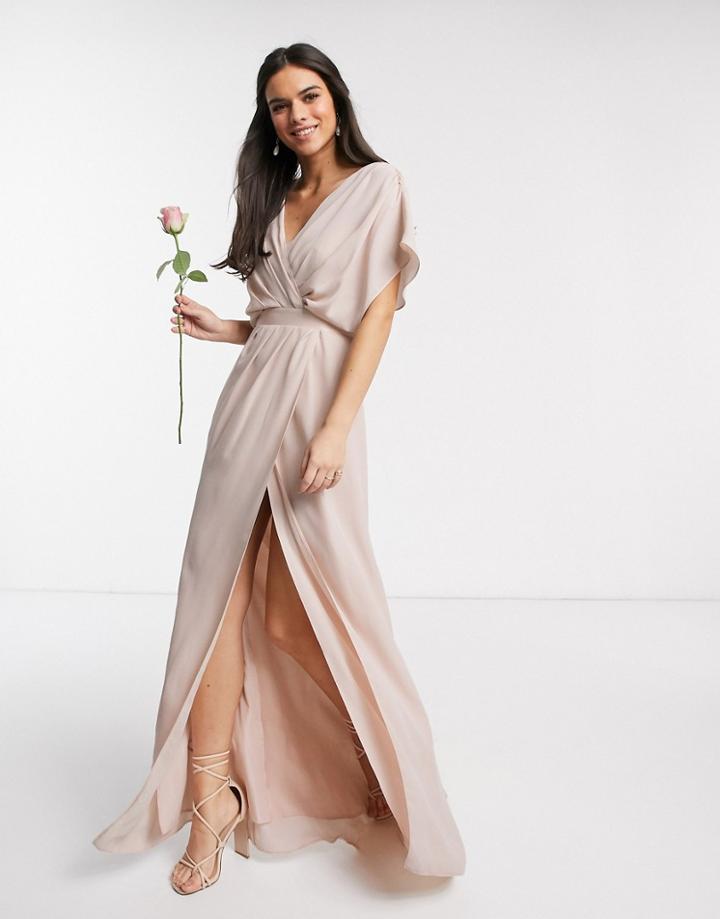 Asos Design Bridesmaid Short Sleeved Cowl Front Maxi Dress With Button Back Detail-pink