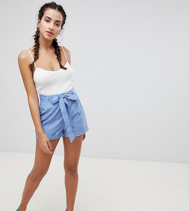 Boohoo Tie Waist Stripe Short-blue