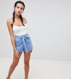 Boohoo Tie Waist Stripe Short-blue