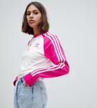 Adidas Originals Three Stripe Long Sleeve T-shirt In White And Pink - Pink