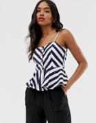 Qed London Button Down Cami Top With Peplum Hem In Stripe - Navy