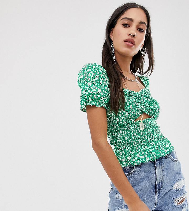 Bershka Square Neck Shirred Top In Green Floral Print - Green