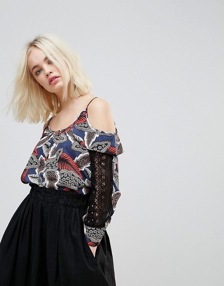 Hazel Leaf Printed Cold Shoulder Blouse - Navy