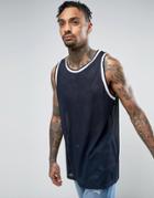 Asos Oversized Tank In Navy Heavy Mesh With Tipping - Navy