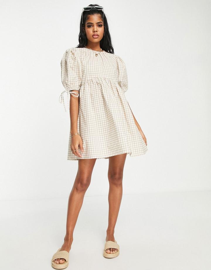 Influence Puff Sleeve Mini Dress In Beige Gingham-neutral
