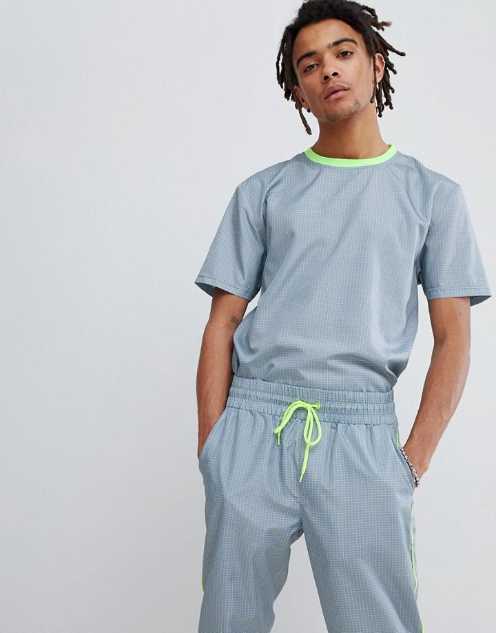 Asos Design Two-piece Relaxed T-shirt In Gray Check With Neon Piping - Gray