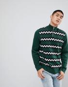 Asos Chevron Stripe Half Zip Sweater In Green - Green