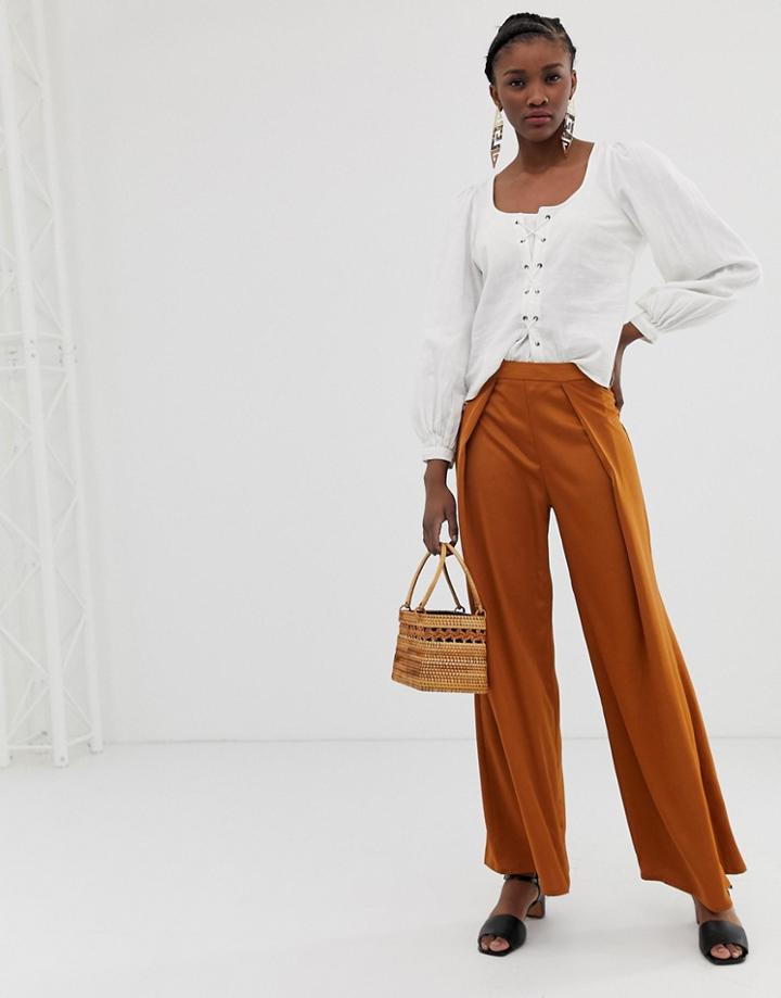 Glamorous Wide Leg Pants In Satin-brown