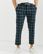 Jack & Jones Drawstring Window Pane Check Cropped Pants In Dark Green - Gray