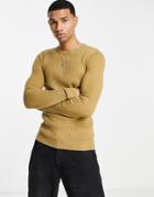 Asos Design Knitted Muscle Fit Rib Crew Neck Sweater In Light Brown