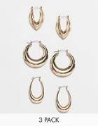 Asos Design Pack Of 3 Hoop Earrings In Graduating Thickness In Gold - Gold