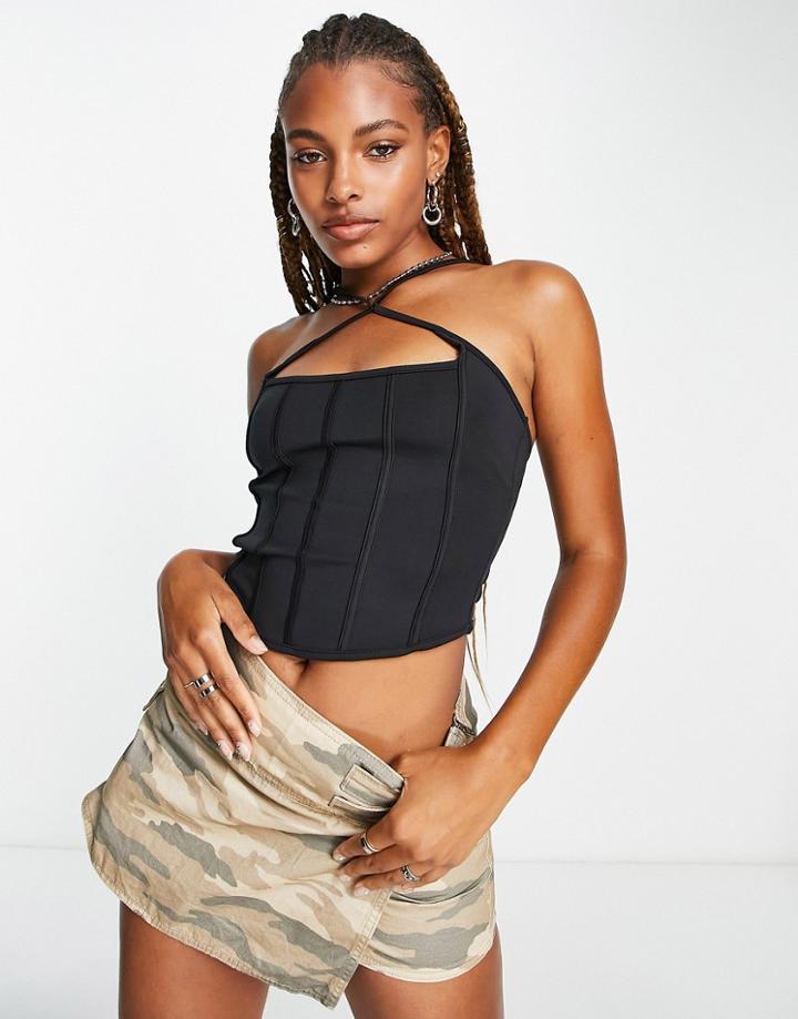 Bershka Cross Strap Halterneck Boning Detail Top In Black