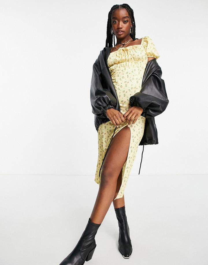 Missguided Ruched Bust Milkmaid Dress With Puff Sleeves In Yellow