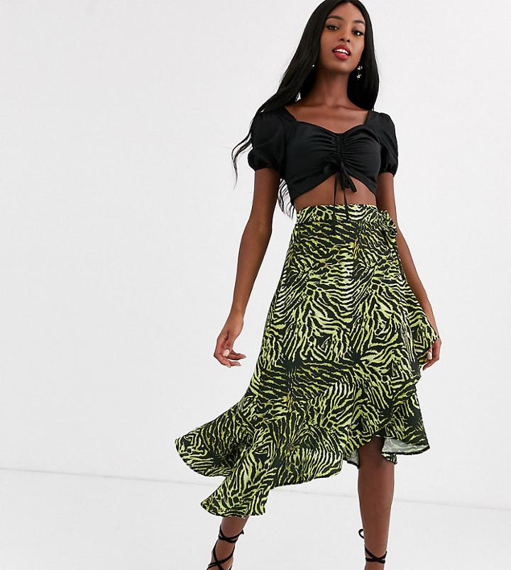 John Zack Tall Asymmetric Ruffle Midi Skirt In Lime Zebra-multi