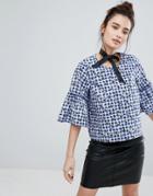 H! By Henry Holland Smock Top In Floral Gingham - Blue