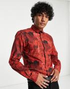 Twisted Tailor Cates Revere Collar Shirt In Burgundy Distorted Print-red